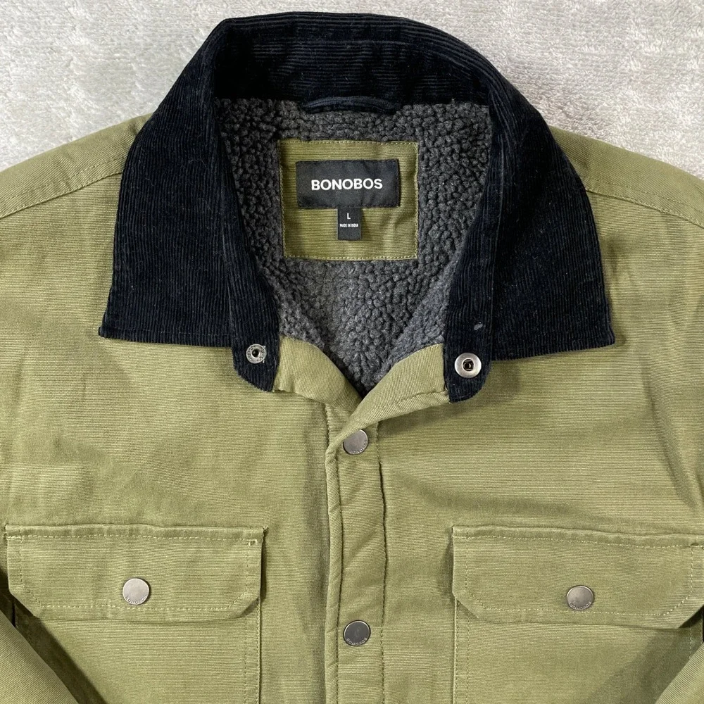 Bonobos Sherpa Lined Barn Jacket Mens Large Green‎ Corduroy Collar Snap Pockets